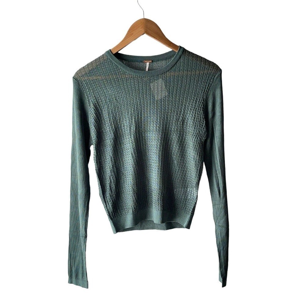 FREE people H2O crew open knit cropped green Y2K silky viscose sweater L - new
